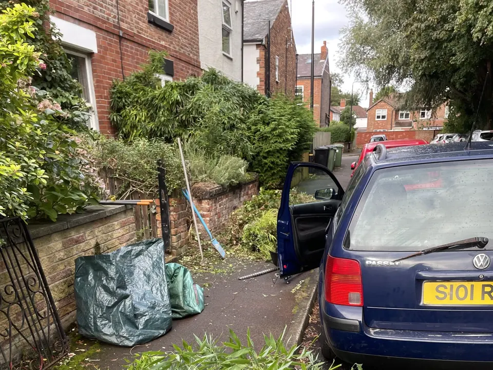 Overgrown garden vegetation cut back and bagged for removal